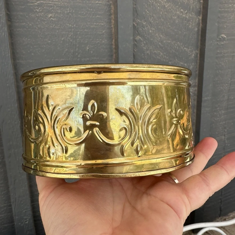 Vintage Brass Oval Planter Embossed Stamped Decorative Pot Ornate India